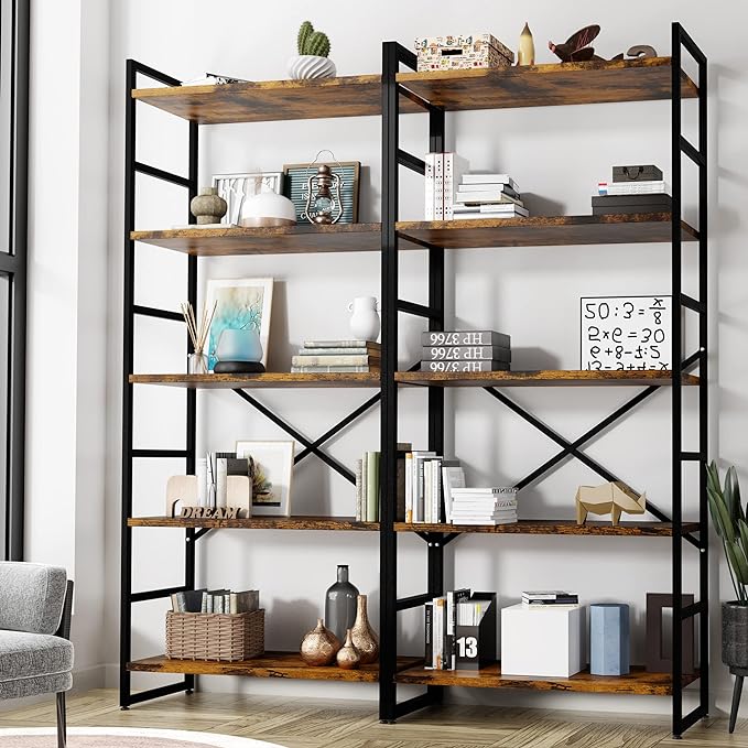 Shintenchi 2 Pieces 5 Tiers Bookshelf, Classically Tall Bookcase Shelf, Industrial Book Rack, Modern Book Holder in Bedroom/Living Room/Home/Office, Storage Rack Shelves for Books/movies-Rustic Brown - LeafyLoom