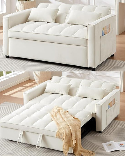 3 in 1 Convertible Loveseat Sleeper Sofa Bed,Modern Velvet Tufted Upholstered Love Seats Sofabed W/Pull Out Sleep Couch and 2 Pillows for Living Room, 55.21", Beige-1123 - LeafyLoom