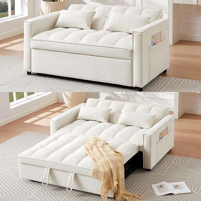 3 in 1 Convertible Loveseat Sleeper Sofa Bed,Modern Velvet Tufted Upholstered Love Seats Sofabed W/Pull Out Sleep Couch and 2 Pillows for Living Room, 55.21", Beige-1123 - LeafyLoom