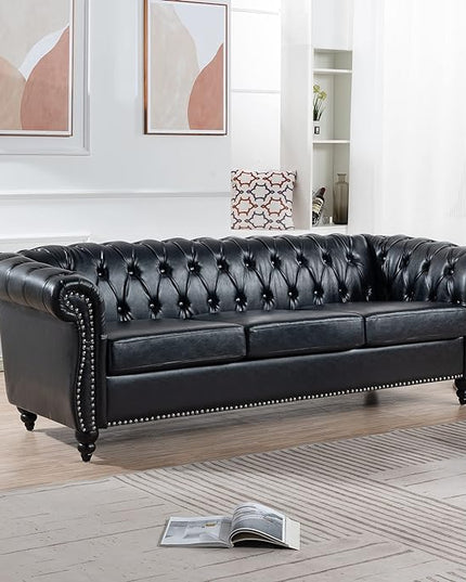 3-Seaters Living Room Clasic Chesterfield Sofa Couch Button Tufted PU Leather Upholstered Sofa&Couch with Luxury Roller Armrest Soild Wood Legs Movable Cushions & Nailhead Decor - LeafyLoom