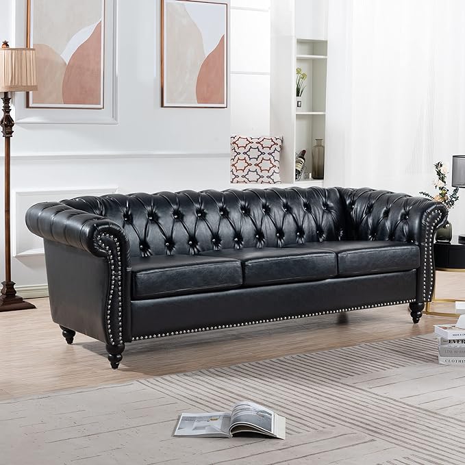 3-Seaters Living Room Clasic Chesterfield Sofa Couch Button Tufted PU Leather Upholstered Sofa&Couch with Luxury Roller Armrest Soild Wood Legs Movable Cushions & Nailhead Decor - LeafyLoom