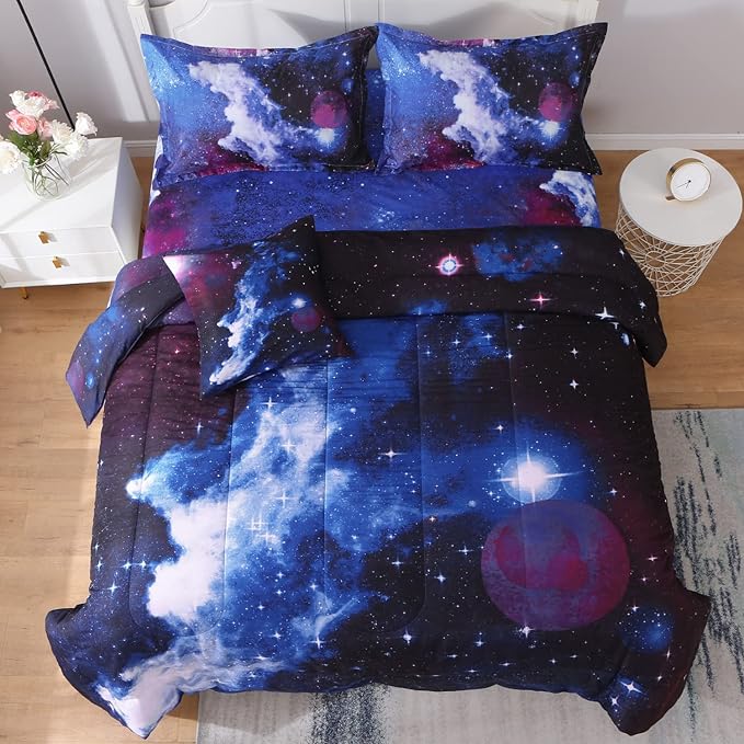 JQinHome Twin Galaxy Comforter Sets 6 Piece Bed in A Bag, Outer Space Themed Bedding for Children Boy Girl Teen Kids - (1 Comforter, 1 Flat Sheet, 1 Fitted Sheet, 2 Pillowshams, 1 Cushion Cover) - LeafyLoom