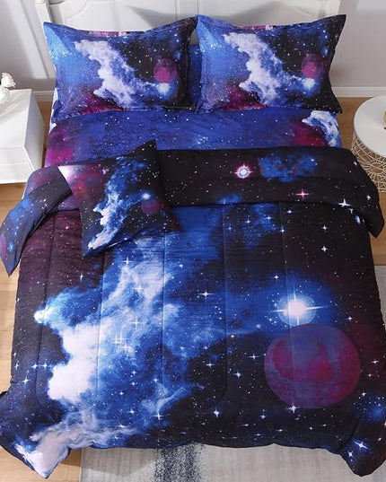 JQinHome Queen Galaxy Comforter Sets 6 Piece Bed in A Bag, Outer Space Themed Bedding for Children Boy Girl Teen Kids - (1 Comforter, 1 Flat Sheet, 1 Fitted Sheet, 2 Pillowshams, 1 Cushion Cover) - LeafyLoom