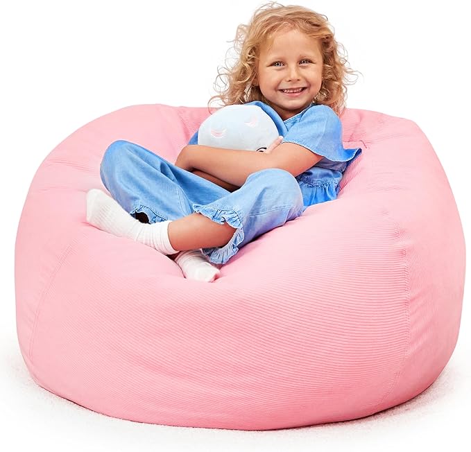 Stuffed Animal Bean Bag Storage (No Filler) - Machine Washable Kids Bean Bag Chair - Extra Large Pink Bean Bag Chair Cover Stuff Toys & Soft Items - Stuffed Animal Holder for Girls -Pink Corduroy - LeafyLoom