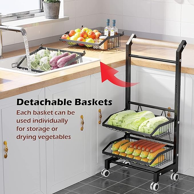 COVAODQ Snack Cart with Wheels 4-Tier Adjustable Fruit Rack Fruit Vegetable Basket Cart Metal Wire Storage Cart Rolling Pantry Utility Kitchen Cart - LeafyLoom