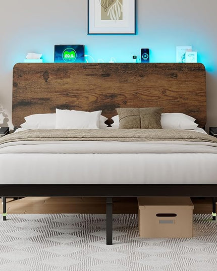 Feonase Queen Size Bed Frame with Ergonomic Storage Headboard & Charging Station, LED Platform Bed Frame, Heavy Duty Metal Slats, No Box Spring Needed, Easy Assembly, Rustic - LeafyLoom