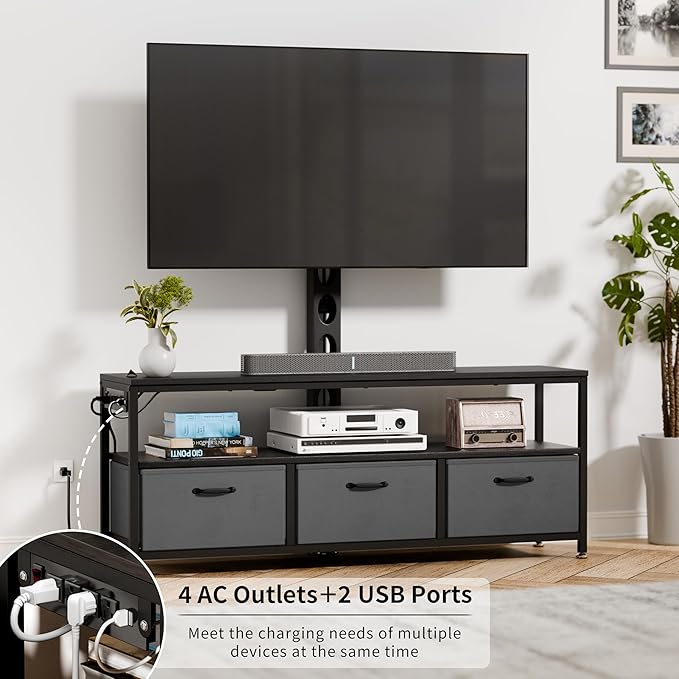 JUSTOGO TV Stand with Mount and Power Outlet, TV Stand Mount with Storage for Living Room, Entertainment Center with LED Lights for 45/55/60/65 inch TVs, Height Adjustable Media Console, Black - LeafyLoom