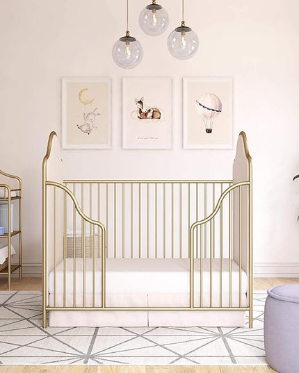 Little Seeds Piper Upholstered Metal Crib, Gold - LeafyLoom