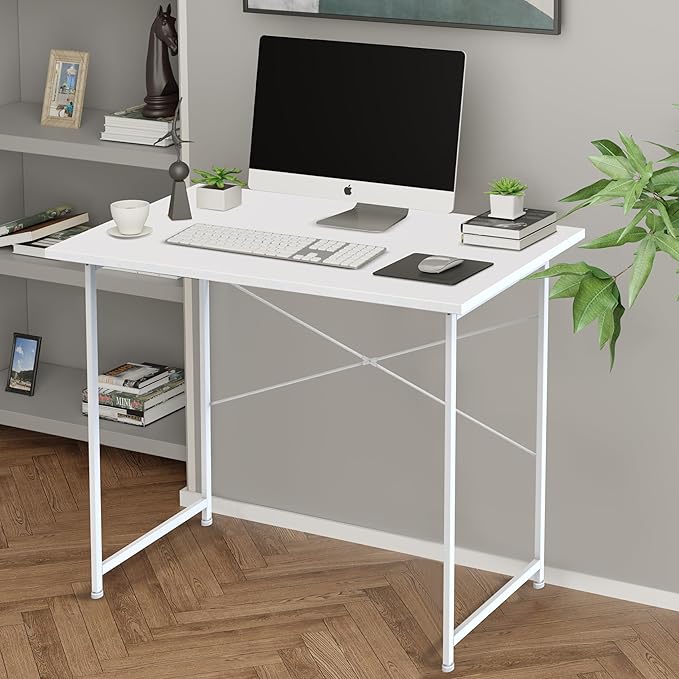 HealSmart Home Office Computer Desk, Modern Style Design with Headphone Hooks for Working, Writing and Gaming, 32 Inch, White - LeafyLoom