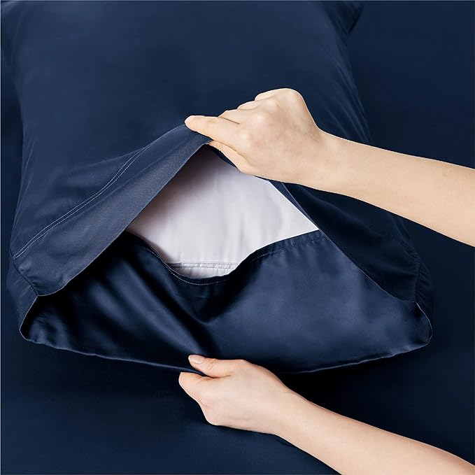 Bedsure King Size Sheet Set, Cooling Sheets King, Rayon Derived from Bamboo, Deep Pocket Up to 16", Breathable & Soft Bed Sheets, Hotel Luxury Silky Bedding Sheets & Pillowcases, Navy - LeafyLoom
