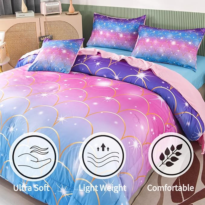 RYNGHIPY 6Pcs Teal Pink Sparkle Mermaid Comforter Sets Queen Size, 3D Rainbow Glitter Girls Bedding Sets, Ombre Pastel Fish Scale Bedding Collection Sets - LeafyLoom