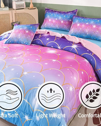 RYNGHIPY 6Pcs Teal Pink Sparkle Mermaid Comforter Sets Full Size, 3D Rainbow Glitter Girls Bedding Sets, Ombre Pastel Fish Scale Bedding Collection Sets - LeafyLoom