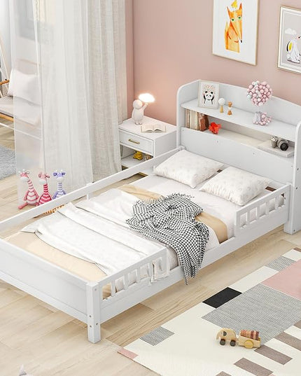 Twin Size Platform Bed with Built-in LED Light,Multi-functional Wood Beds Frame,w/ 2 Storage Shelves Headboard and Guardrail,for Apartment,Bedroom,Living Room,White - LeafyLoom