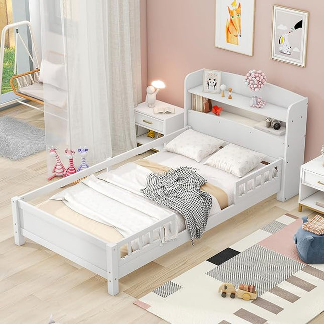 Twin Size Platform Bed with Built-in LED Light,Multi-functional Wood Beds Frame,w/ 2 Storage Shelves Headboard and Guardrail,for Apartment,Bedroom,Living Room,White - LeafyLoom