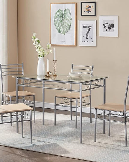 VECELO 5 Piece Dining Table Set for 4 with Chairs, Glass Top, Small Space, Silvery - LeafyLoom