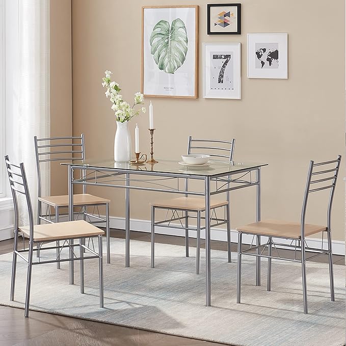 VECELO 5 Piece Dining Table Set for 4 with Chairs, Glass Top, Small Space, Silvery - LeafyLoom