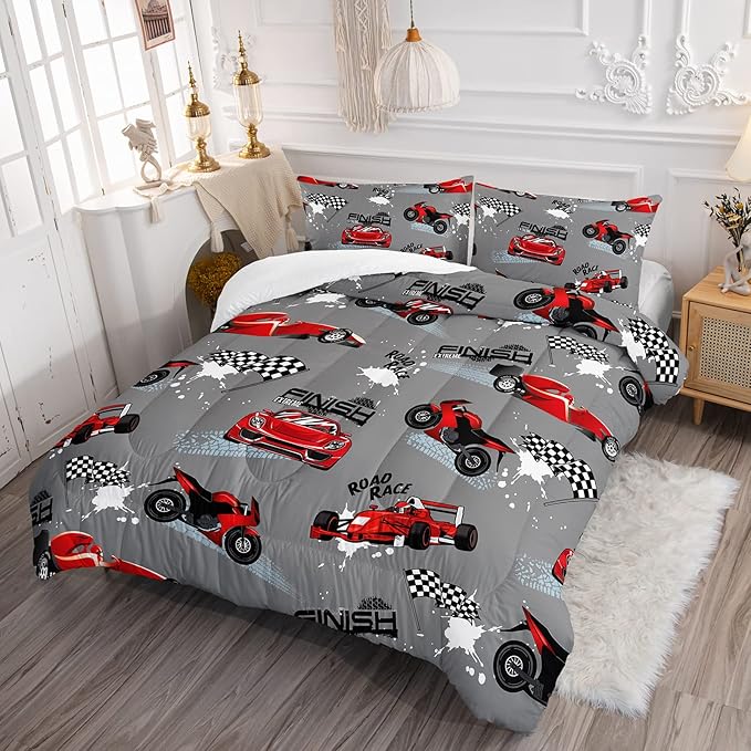 Axolotl Kid Comforter Set Twin Size,Racing Car Bedding Set for Boys Girls Teen Kids Children Car Racing Gifts,Race Cars Quilt Bed Set with 1 Comforter 2 Pillowcases,Red Grey - LeafyLoom