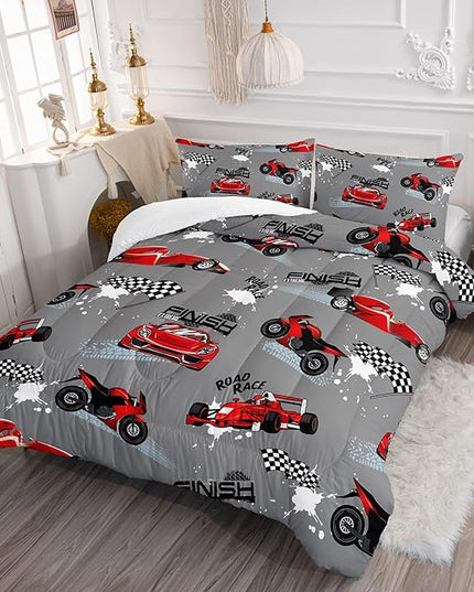 Axolotl Kid Comforter Set Full Size,Racing Car Bedding Set for Boys Girls Teen Car Racing Gifts,Race Cars Quilt Bed Set with 1 Comforter 2 Pillowcases,Red Grey - LeafyLoom