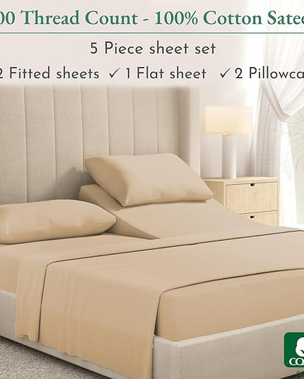 California Design Den 100% Cotton Split King Sheets, 600 Thread Count Sateen, Soft, Cooling Beige Cotton Sheets, Hotel-Quality Bedding Sheets & Pillowcases - Beige - LeafyLoom