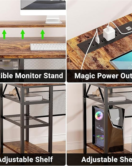 L Shaped Computer Desk, Reversible Office Desk with Magic Power Outlet and Smart LED Light, Sturdy Corner Desk with Monitor Stand, Cool Gaming Table, Attractive Grid Design, Rustic Brown - LeafyLoom