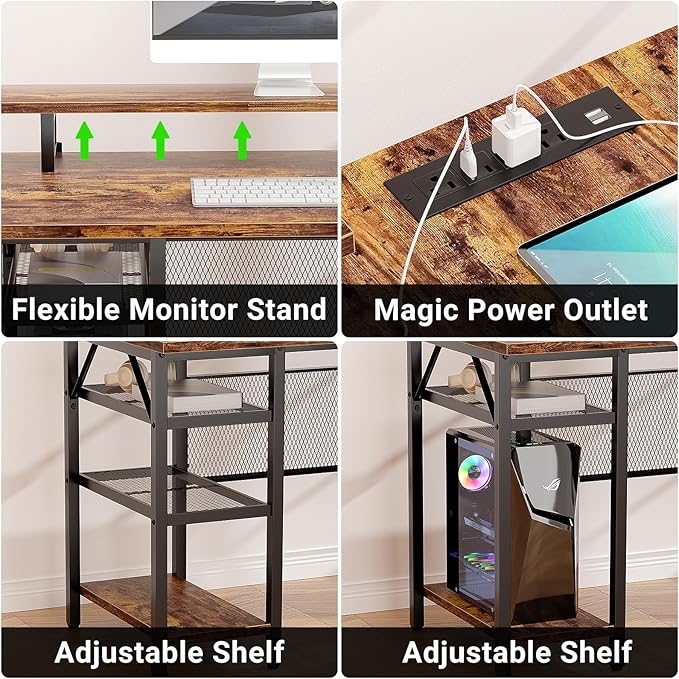 L Shaped Computer Desk, Reversible Office Desk with Magic Power Outlet and Smart LED Light, Sturdy Corner Desk with Monitor Stand, Cool Gaming Table, Attractive Grid Design, Rustic Brown - LeafyLoom