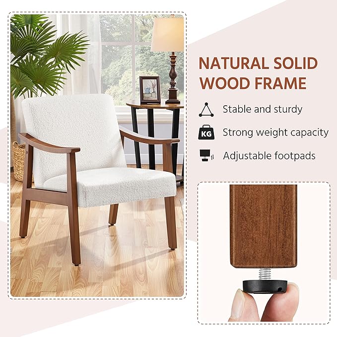 Yaheetech Fabric Accent Chair, Mid-Century Modern Armchair with Solid Wood Legs, Reading Leisure Chair with High Back for Living Room Bedroom Waiting Room,Ivory - LeafyLoom
