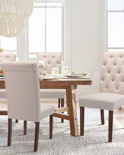 COLAMY Tufted Dining Room Chairs Set of 4, Parsons Diner Chairs Upholstered Fabric Side Kitchen Chairs with Solid Wood Legs and Padded Seat - Beige - LeafyLoom