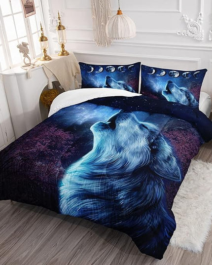 Wolf Comforter Set Galaxy Night Moon Bedding Set 3Pcs Howling Wolf Down Lunar Eclipse Bed Set for Kids Teens Room Decor Wild Animals Comforter with 2 Pillowcases - LeafyLoom