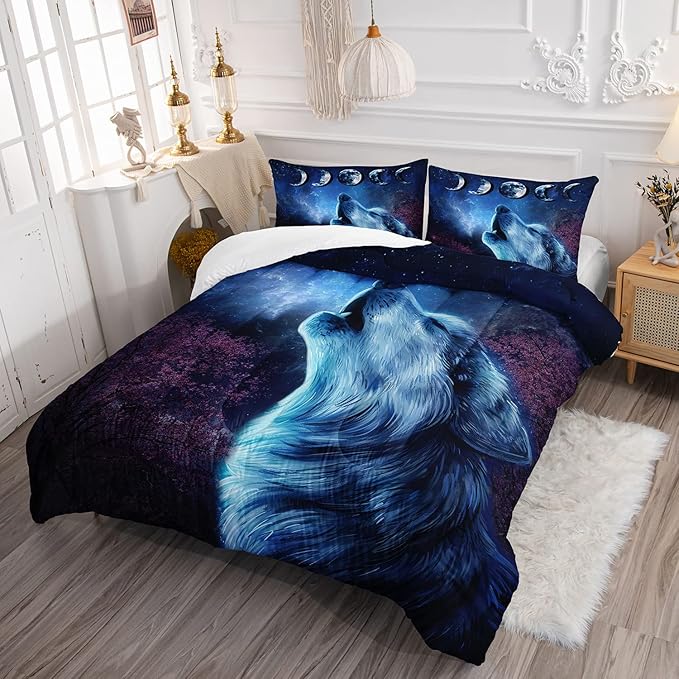 Wolf Comforter Set Galaxy Night Moon Bedding Set 3Pcs Howling Wolf Down Lunar Eclipse Bed Set for Kids Teens Room Decor Wild Animals Comforter with 2 Pillowcases - LeafyLoom