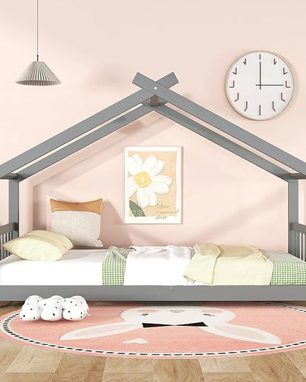 Kids Montessori Floor Bed Twin Size, Twin Floor Bed Frame with Headboard, Footboard and Slats, Wood Montessori Bed Twin Size/House Floor Bed for Kids, Girls, Boys, Gray Floor Bed - LeafyLoom