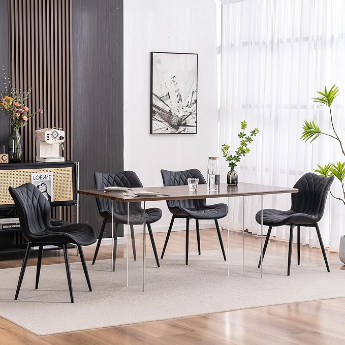YOUNIKE Dining Chairs Set of 2, Upholstered Faux Leather Kitchen & Dining Room Chairs, Modern Living Room Bedroom Side Chairs with Wide Wing Back and Adjustable Metal Legs, Black - LeafyLoom
