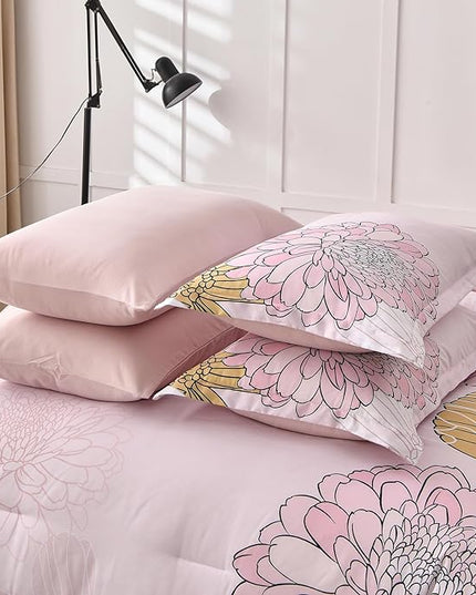 Pink Colorful Comforter Set King Size 7 Piece Floral Bed in a Bag Comforter for All Season Soft Microfiber Bedding Set for Teen Girls Women (103"×90") - LeafyLoom