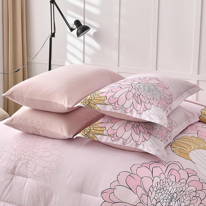 Pink Colorful Comforter Set King Size 7 Piece Floral Bed in a Bag Comforter for All Season Soft Microfiber Bedding Set for Teen Girls Women (103"×90") - LeafyLoom