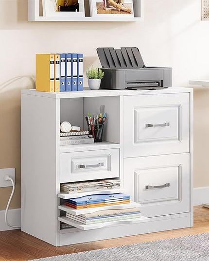 YITAHOME 3 Drawer File Cabinet, Filing Cabinet with Charging Station, Printer Stand with Open Storage Shelves, Fits for A4, Letter, Legal Size Files, White - LeafyLoom