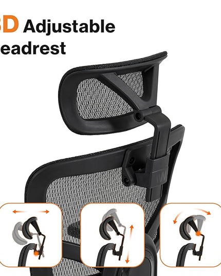 WELLNEW Prestige Ergonomic Office Chair - Height Adjustable Backrest Lumbar Support, Seat Depth Adjust, 3D Headrest, 4D Armrests, Blade Wheels, Mesh Computer Gaming Chairs Executive Swivel Chair - LeafyLoom