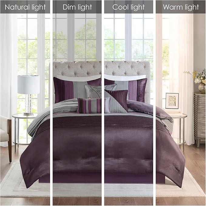 Madison Park Amherst Faux Silk Comforter Set-Casual Contemporary Design All Season Down Alternative Bedding, Matching Shams, Bedskirt, Decorative Pillows, King(104"x92"), Purple, 7 Piece (MP10-127) - LeafyLoom