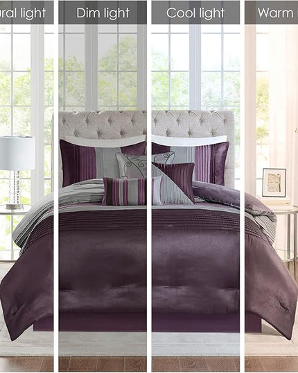 Madison Park Amherst Faux Silk Comforter Set-Casual Contemporary Design All Season Down Alternative Bedding, Matching Shams, Bedskirt, Decorative Pillows, Queen (90 in x 90 in), Purple, 7 Piece - LeafyLoom
