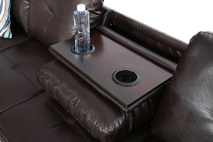 ROOMTEC Modern L Shaped Sectional Sofa with Storage Ottoman, Left Facing Chaise Longue, Reversible Backrest w/ 2 Cup Holders, Faux Leather Tufted Cushions, for Living Room, Apartment, Brown - LeafyLoom