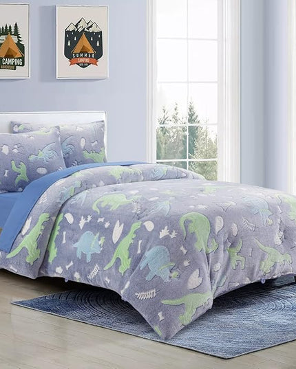 HOMBYS Glow in The Dark Comforter Set 7 Piece Full with Sheets, Blue Dinosaur Velvet Bedding Comforter Sets for Twin Bed, Ultra Soft Down Alternative Comforter for Boys Kids, Bed in a Bag - LeafyLoom