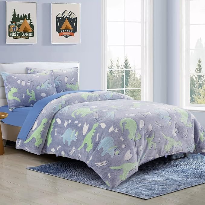 HOMBYS Glow in The Dark Comforter Set 7 Piece Full with Sheets, Blue Dinosaur Velvet Bedding Comforter Sets for Twin Bed, Ultra Soft Down Alternative Comforter for Boys Kids, Bed in a Bag - LeafyLoom