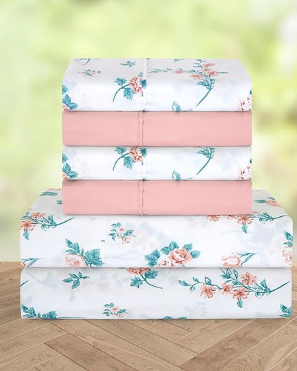 Elegant Comfort Softest and Coziest 4-Piece Sheet Set - 1500 Premium Hotel Quality Microfiber - Deep Pocket, Wrinkle Resistant 4-Piece Floral Bed Sheet Set, Twin, Celia Pink - LeafyLoom