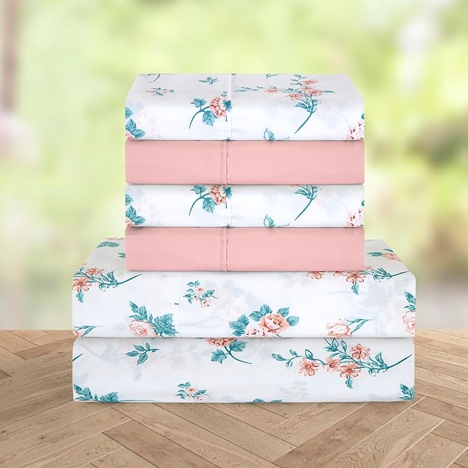 Elegant Comfort Softest and Coziest 4-Piece Sheet Set - 1500 Premium Hotel Quality Microfiber - Deep Pocket, Wrinkle Resistant 4-Piece Floral Bed Sheet Set, Twin, Celia Pink - LeafyLoom