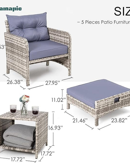 Pamapic 5 Pieces Wicker Patio Furniture Set Outdoor Patio Chairs with Ottomans Conversation Furniture with coffetable for Poorside Garden Balcony(Purple Cushion + Grey Ratten)… - LeafyLoom