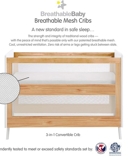 BreathableBaby Breathable Mesh 3-in-1 Convertible Crib (Toddler Bed Kit Sold Separately) — Beech & White — Two Adjustable Mattress Heights — Greenguard Gold Certified - LeafyLoom