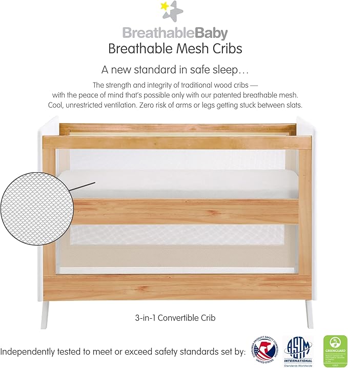 BreathableBaby Breathable Mesh 3-in-1 Convertible Crib (Toddler Bed Kit Sold Separately) — Beech & White — Two Adjustable Mattress Heights — Greenguard Gold Certified - LeafyLoom