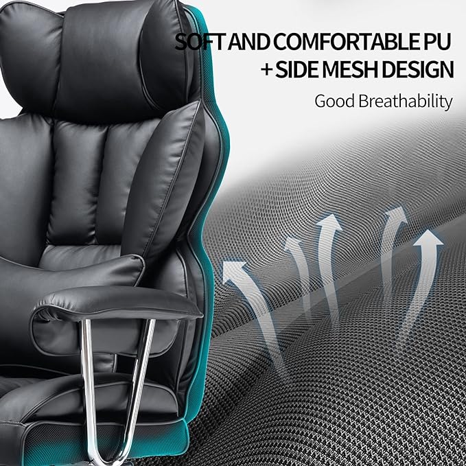 Desk Office Chair 400LBS, Big and Tall Office Chair, PU Leather Computer Chair, Executive Office Chair with Leg Rest and Lumbar Support, Black Office Chair - LeafyLoom