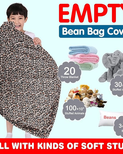 Lukeight Stuffed Animal Storage Bean Bag Chair Cover for Kids, Zipper Beanbag Chair Cover for Organizing Toddler & Kids' Rooms Plush Toys (Leopard Velvet, XX-Large) - LeafyLoom