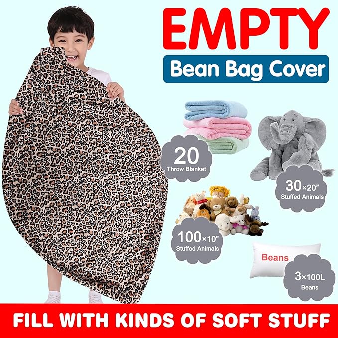 Lukeight Stuffed Animal Storage Bean Bag Chair Cover for Kids, Zipper Beanbag Chair Cover for Organizing Toddler & Kids' Rooms Plush Toys (Leopard Velvet, XX-Large) - LeafyLoom