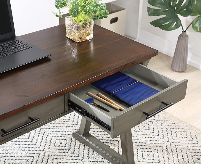OSP Home Furnishings Jericho Rustic 42 Inch Writing Desk with 2 Drawers and Burnished Decorative Hardware, Slate Gray - LeafyLoom
