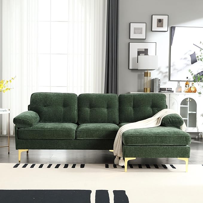 L Shaped Convertible Sleeper Sectional Sofa with Reversible Chaise, 3 Seater Corner Couch Bed with Detachable Pillow Armrest and Golden Metal Legs for Living Room Apartment Small Space - LeafyLoom